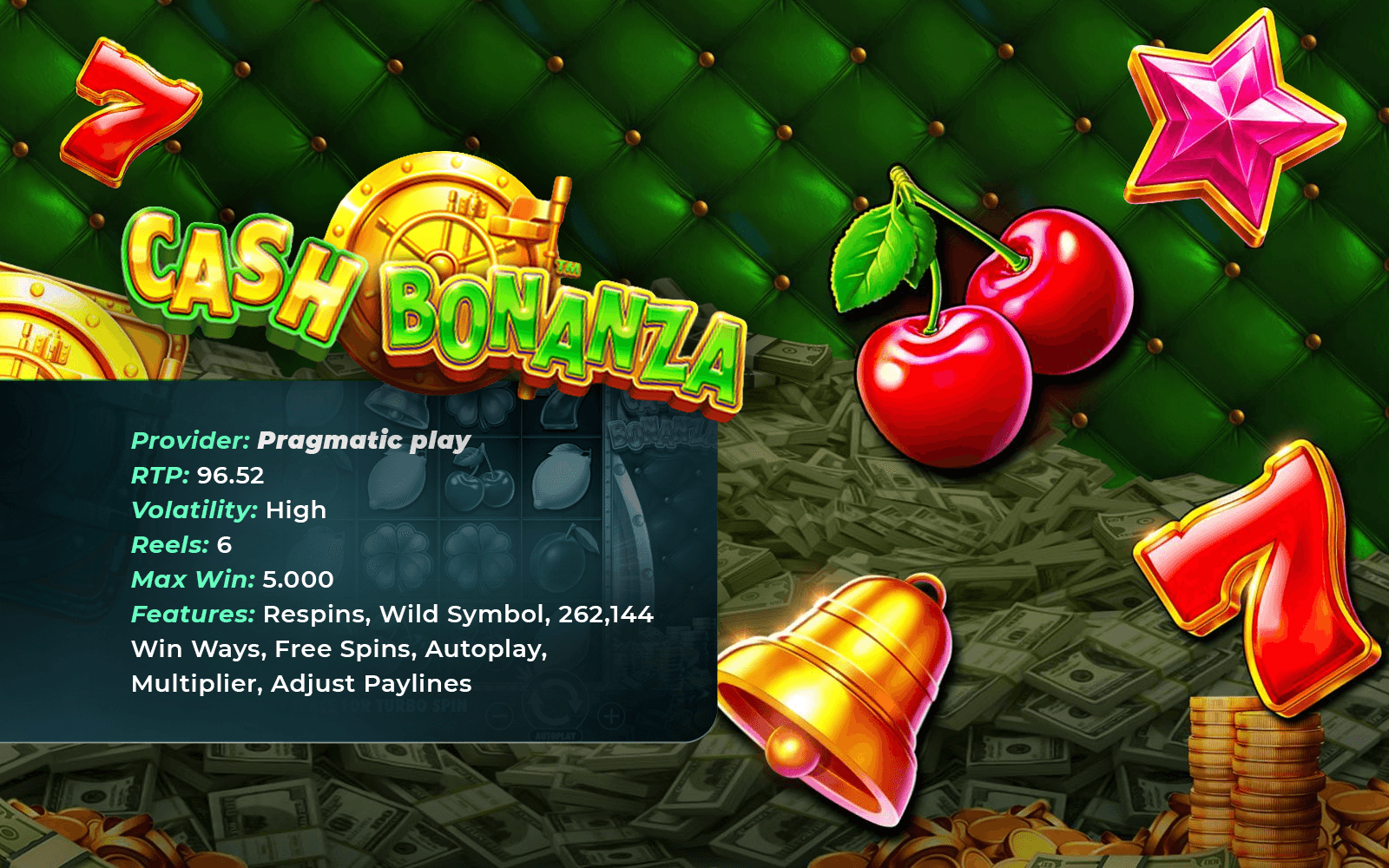Cash Bonanza slot by Pragmatic Play with fruity symbols and bank vault theme infographic rtp volatility reels provider